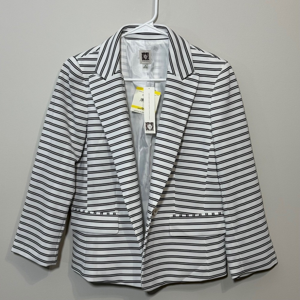 NWT Anne Klein Blazer Womens Med White Black Striped Single Button Jacket Office